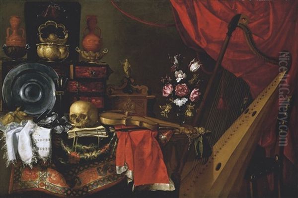 A Vanitas Still Life With A Skull Resting On A Book With Other Pewter Objects On A Carpet-draped Table - view 1