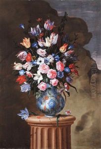 Tulpen, Rosen, Pfingstrosen, Anemonen Und Andere Blumen In Einer Polichromen Majolikavase Auf Einer Saule