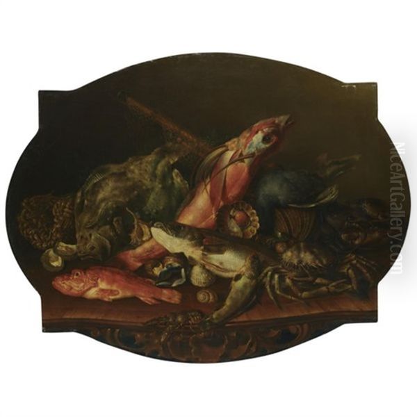 A Still Life With A Turbot, A Flying Fish, A Lobster, A Spider Crab And Other Sea Life, Arranged Over A Wooden Table by Giuseppe Recco