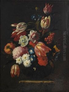 Tulips, Roses, Narcissi And Other Flowers In A Glass Vase On A Stone Pedestal