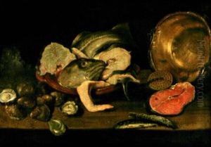 Nature Morte Aux Huitres, Saumon Et Bassine De Cuivre
