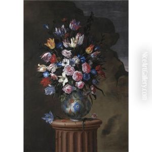 Natura Morta Con Tulipani, Rose, Anemoni, Campanule E Altri Fiori In Un Vaso Di Maiolica, Su Una Colonna