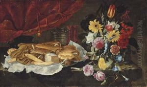 Roses, Carnations, Tulips And Other Flowers In A Glass Vase, With Pastries And Sweetmeats On A Pewter Platter, On A Stone Ledge In Front Of A Red Curtain Roses, Carnations, Tulips And Other Flowers In A Glass Vase, With Pastries And Sweetmeats On A Pewter Platter, On A Stone Ledge In Front Of A Red Curtain