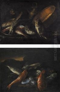 Still Life Of Salt Water Fish With Kitchen Vessels, Guarded By A Cat (+ Still Life Of Salt Water Fish And Squid In A Landscape; Pair) by Giuseppe Recco