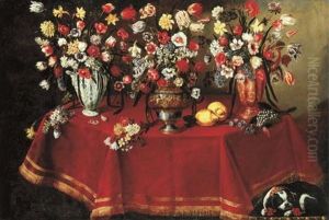 Arrangements Of Flower Bouquets In A Majolica Vase, A Sculpted Pewter And Bronze Urn And A Ceramic Ewer On A Draped Octagonal Table With Two Lemons And Other Flowers, With A Dog Resting
