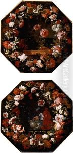 Still Life With A Glass Vase, Flowers In An Earthenware Jar And A Porcelain Bowl, All On A Stone Ledge, Set Within A Floral Garland Still Life With A Glass Vase, Flowers In An Earthenware Jar And A Porcelain Bowl, All On A Stone Ledge, Set Within A Floral Garland