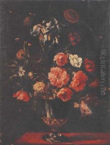 A Still Life Of Iris, Roses, Tulips, And Other Flowers In A Gilt-mounted Vase On A Table