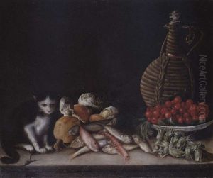 Stilleben Mit Fischen, Fruchten Und Einer Katze by Giuseppe Recco