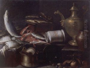 Spigola, Seppie, Triglie, Gallinella E Altri Pesci Su Un Vassoio Di Peltro, Un Albarello E Altri Suppellettili Di Rame E Ottone by Giuseppe Recco