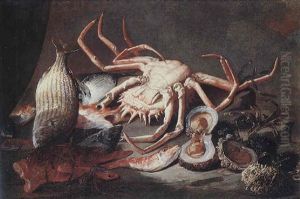 Still Life Of Salt-water Fish Together With A Spider-crab, Oysters And Urchins On A Sea Shore by Giuseppe Recco