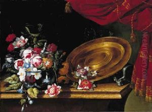 Carnations, Roses, Tulips And Other Flowers In A Glass Bowl, With Glass Bottles And A Bronze Plate And Silver Cup On A Marble Ledge by Giuseppe Recco