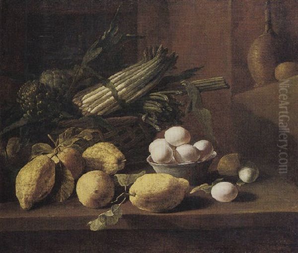 Still Life Of A Basket Of Artichokes And Asparagi, With Lemons, A Bowl Of Eggs, A Wine-casket And A Loaf Of Bread Upon A Stone Ledge - view 1