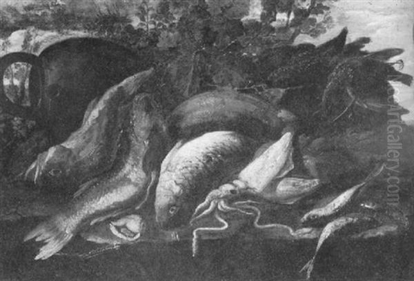 Still Life Of Fish, A Squid And Other Sea Life With A Vessel Behind, An Ocean Beyond - view 1