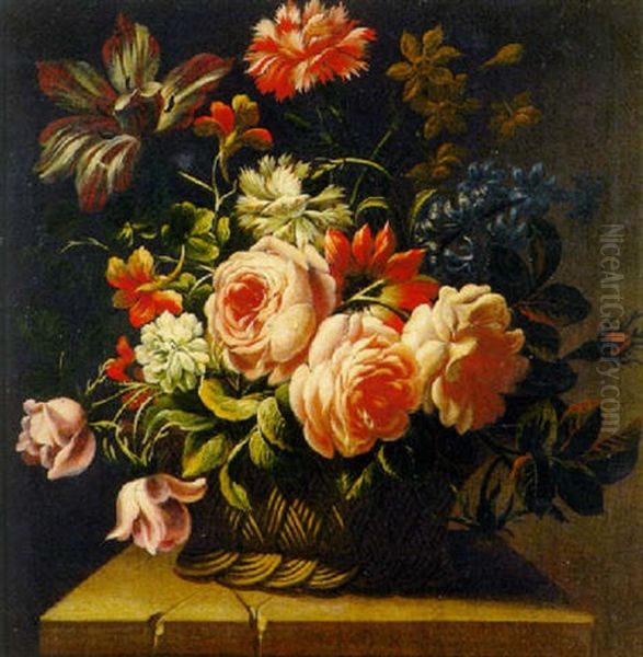 Rose E Altri Fiori In Un Cesto Di Vimini, Su Un Piano Di Pietra - view 1
