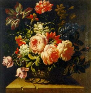 Rose E Altri Fiori In Un Cesto Di Vimini, Su Un Piano Di Pietra by Giuseppe Recco