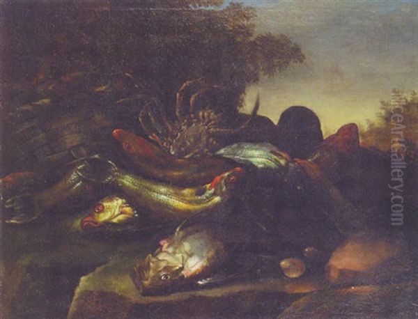 Dead Fish And A Crab By A Creel On A Bank - view 1