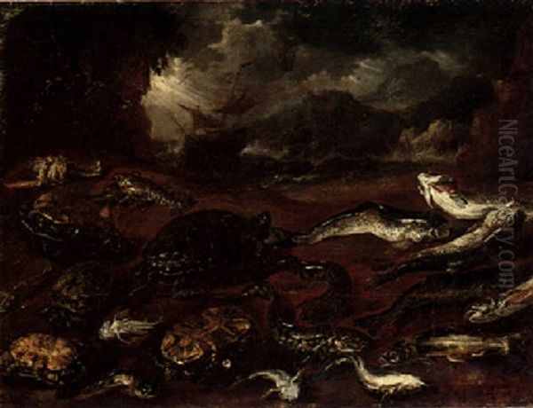 A Still Life Of Fish, Lobster And Turtle Washed Up On The Sea Shore, A Ship In A Storm Beyond - view 1