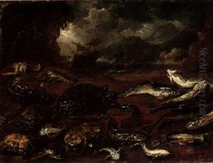 A Still Life Of Fish, Lobster And Turtle Washed Up On The Sea Shore, A Ship In A Storm Beyond
