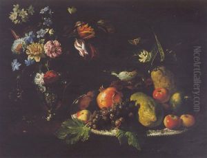 Still Life Of A Silver Platter With Fruit, A Thrush Perched On A Bunch Of Grapes And A Vase Of Flowers On A Stone Ledge