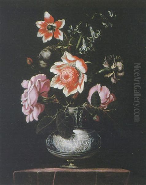 A Still Life Of Roses, Hyacinths And Other Flowers In A Stoneware Vase On A Purple Tablecloth - view 1