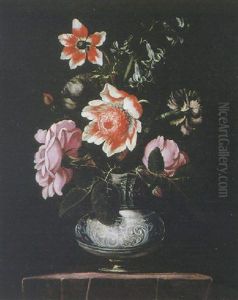 A Still Life Of Roses, Hyacinths And Other Flowers In A Stoneware Vase On A Purple Tablecloth A Still Life Of Roses, Hyacinths And Other Flowers In A Stoneware Vase On A Purple Tablecloth