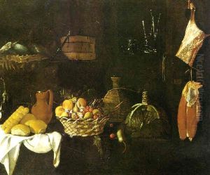 Grande Natura Morta Con Pane, Frutta E Fiori, Fiasche, Bicchieri, Carne Appesa by Giuseppe Recco