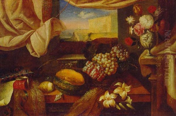 A Basket Of Grapes, A Melon, Lilies, A Lemon, Books, A Casket, An Inkwell And A Sheet Of Music With Flowers - view 1