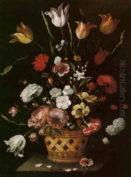 Still Life Of Tulips, Roses And Other Flowers In A Basket On A Stone Ledge - view 1