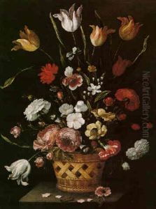 Still Life Of Tulips, Roses And Other Flowers In A Basket On A Stone Ledge