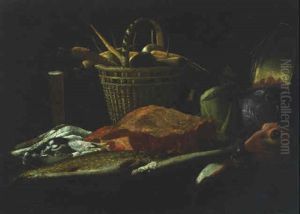 A Basket Of Vegetables, Cabbages, A Sheep's Head, Dead Fish, A Joint Of Meat, Dead Pigeons And A Tall Glass On A Table