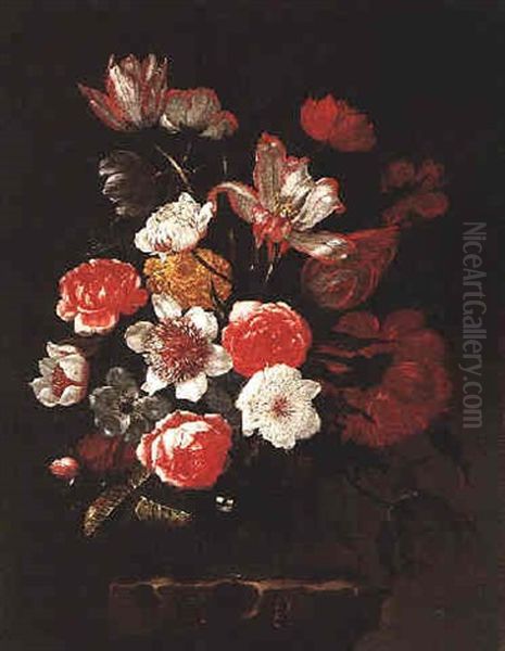A Still Life Of Tulips, Roses, Anemones And Other Flowers In A Glass Vase On A Stone Plinth - view 1
