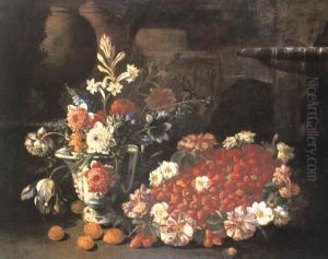 Nature Morte Au Jetee De Fraises, Aux Prunes Et Au Vase De Fleurs Nature Morte Au Jetee De Fraises, Aux Prunes Et Au Vase De Fleurs