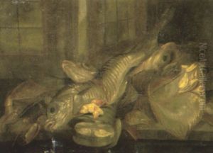 Dead Fish On A Stone Ledge, A Window Behind by Giuseppe Recco
