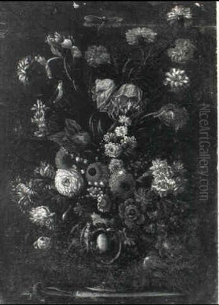 Still Life Of Flowers In A Sculpted Urn With A Dragonfly And A Lizard - view 1