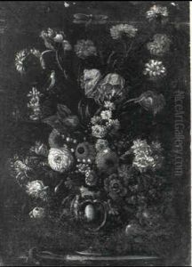 Still Life Of Flowers In A Sculpted Urn With A Dragonfly    And A Lizard