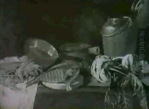 A Still Life Of A Lobster, Dried Fish And Radishes Among Kitchen Pots, All Arranged On A Ledge A Still Life Of A Lobster, Dried Fish And Radishes Among Kitchen Pots, All Arranged On A Ledge