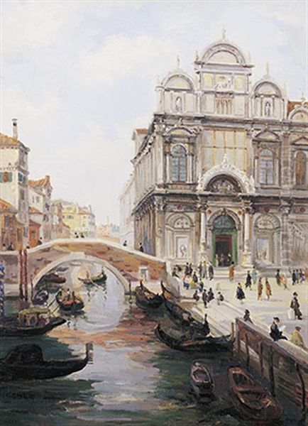 Venezianische Ansicht Mit Blick Auf Scuola Und Zahlreiche Passanten An Einem Sonnigen Wintertag - view 1