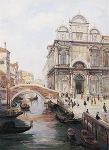 Venezianische Ansicht Mit Blick Auf Scuola Und Zahlreiche Passanten An Einem Sonnigen Wintertag