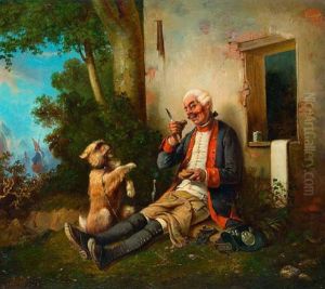 Brotzeit Machender Soldat Wahrend Einer Gefechtspause Mit Einem Bettelnden Hund by Carl Rechlin