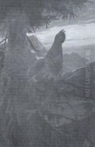 Portrait Of A Turkey On A Tree Branch. Mountains In Background