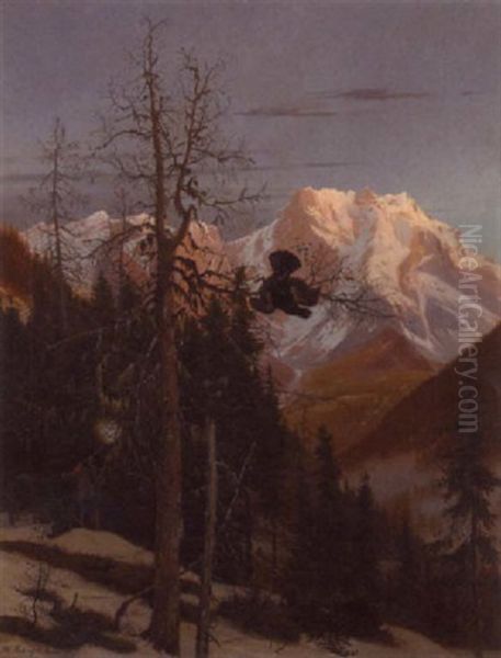 A Sportsman Shooting A Black Cock In A Snowy Alpine Landscape - view 1