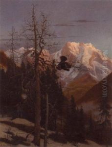 A Sportsman Shooting A Black Cock In A Snowy Alpine Landscape by Otto Recknagel