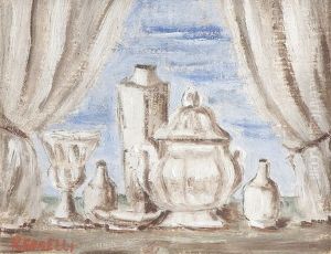 Stillleben Mit Kanne, Glas, Vase Und Flaschen Vor Geoffnetem Fenster by Piero Redaelli