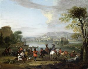 Horsemen Departing From A Riverside Village
