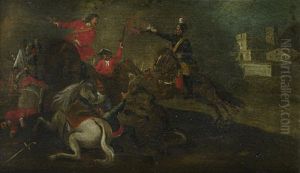 A Cavalry Skirmish In A Landscape (+ A Cavalry Battle Before A Town; Pair)