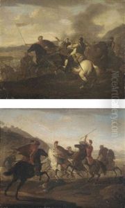 Cavalry Skirmishes Between Turks And Christians (pair) by Christian Reder