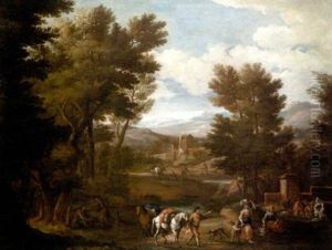 A Wooded Landscape With Travellers Passing Washerwomen In The Foreground, A Waterfall And Mountains Beyond