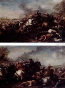 Cavalry Skirmishes Between Turks And Christians (pair) by Christian Reder