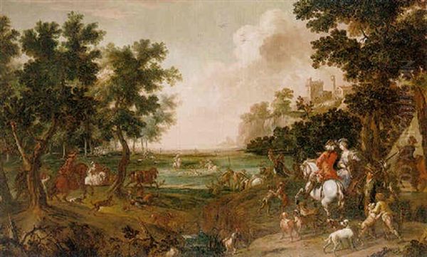 A Wooded Landscape With Elegant Figures On A Hunt, A Fortified Town Beyond - view 1