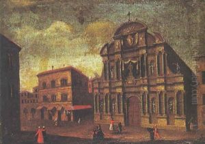 Vue D'un Palais Et D'une Eglise Sur Une Place Animee De Personnages Vue D'un Palais Et D'une Eglise Sur Une Place Animee De Personnages
